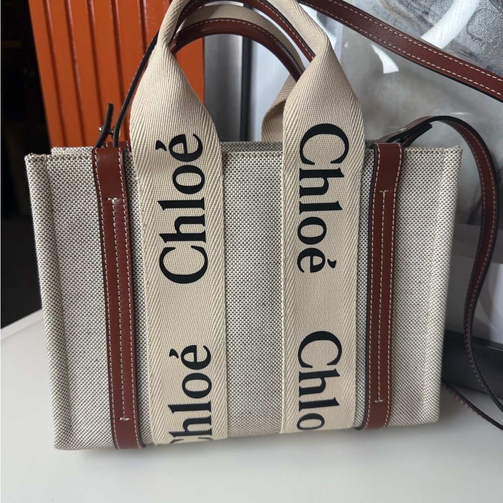 Chloe Cream and Brown Canvas Small Tote - Picture 2 of 16